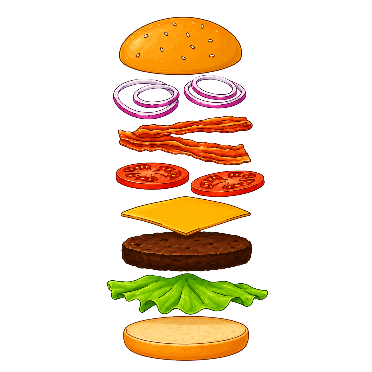 Exploded diagram of Crabsburger ingredients stacked from bun to bun: sesame crown, red onions, bacon, tomato, cheese, patty, lettuce, and bottom bun