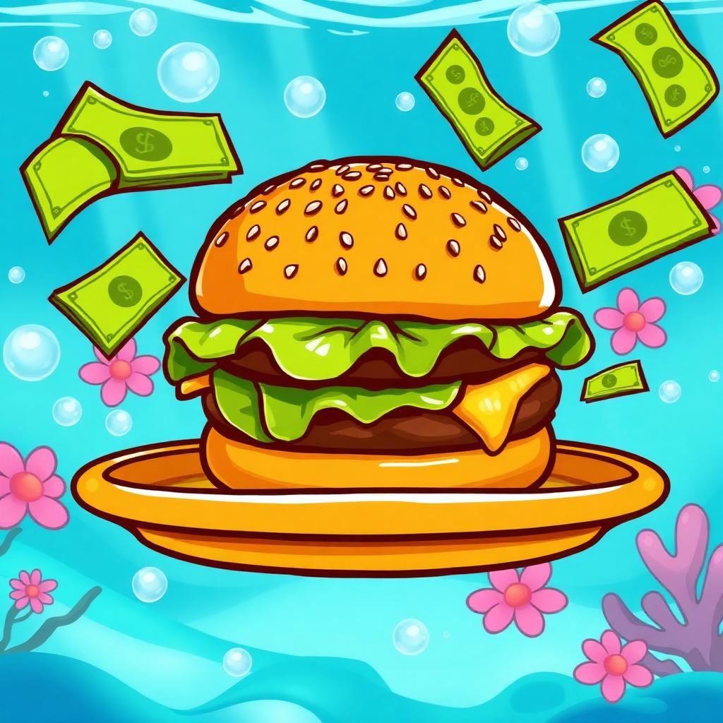 A Crabsburger with a bite of cheese peeking out, served on a plate underwater surrounded by pink flowers and coral