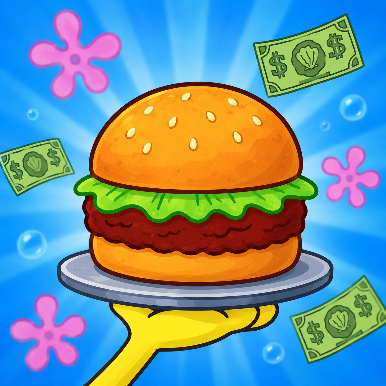A golden sesame-seed Crabsburger served on a silver platter by a yellow hand, surrounded by pink flowers, bubbles, and shell-money bills