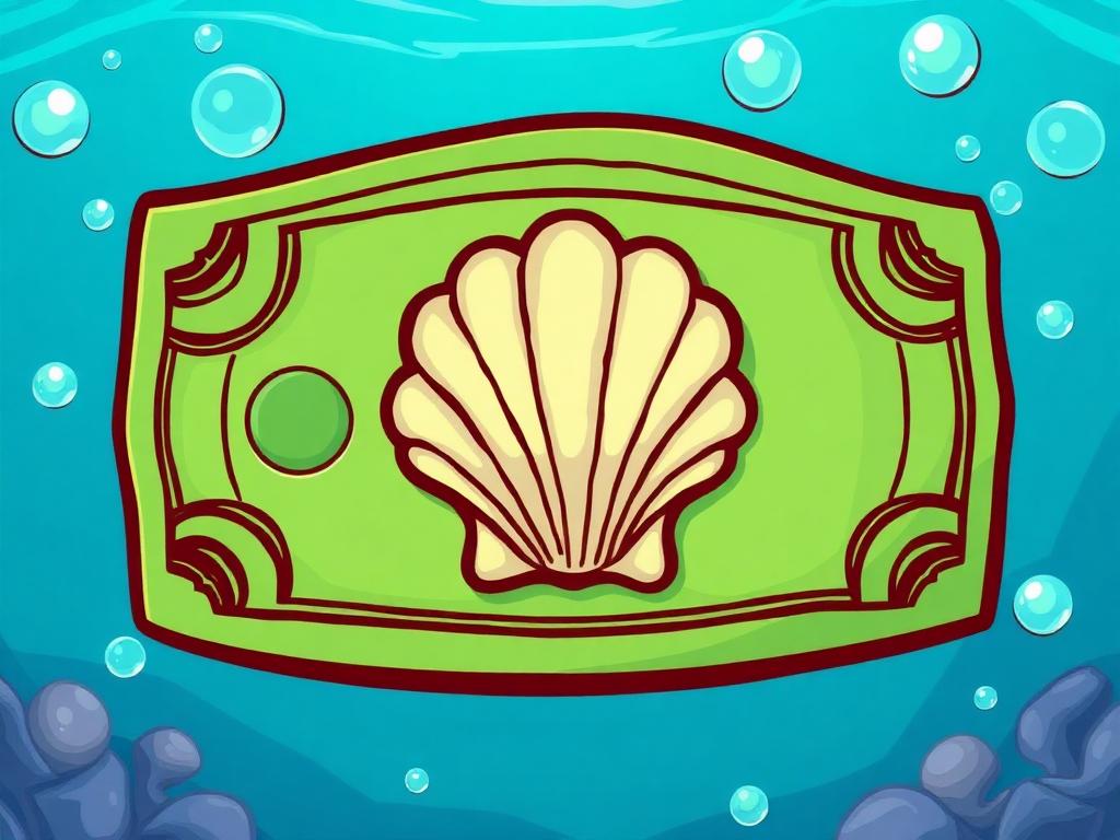 A close-up of a green shell-money bill floating underwater