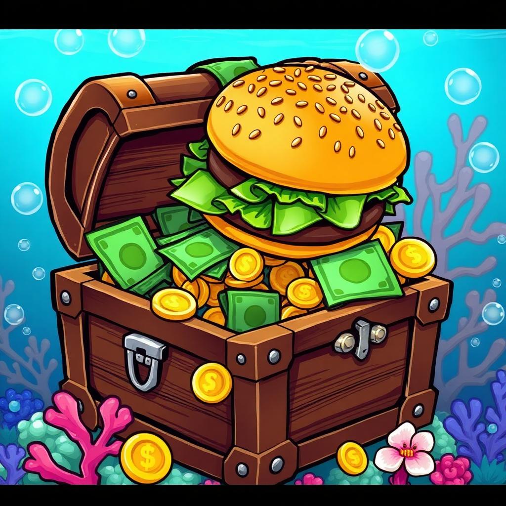 A treasure chest topped with a Crabsburger, overflowing with gold coins and shell-money